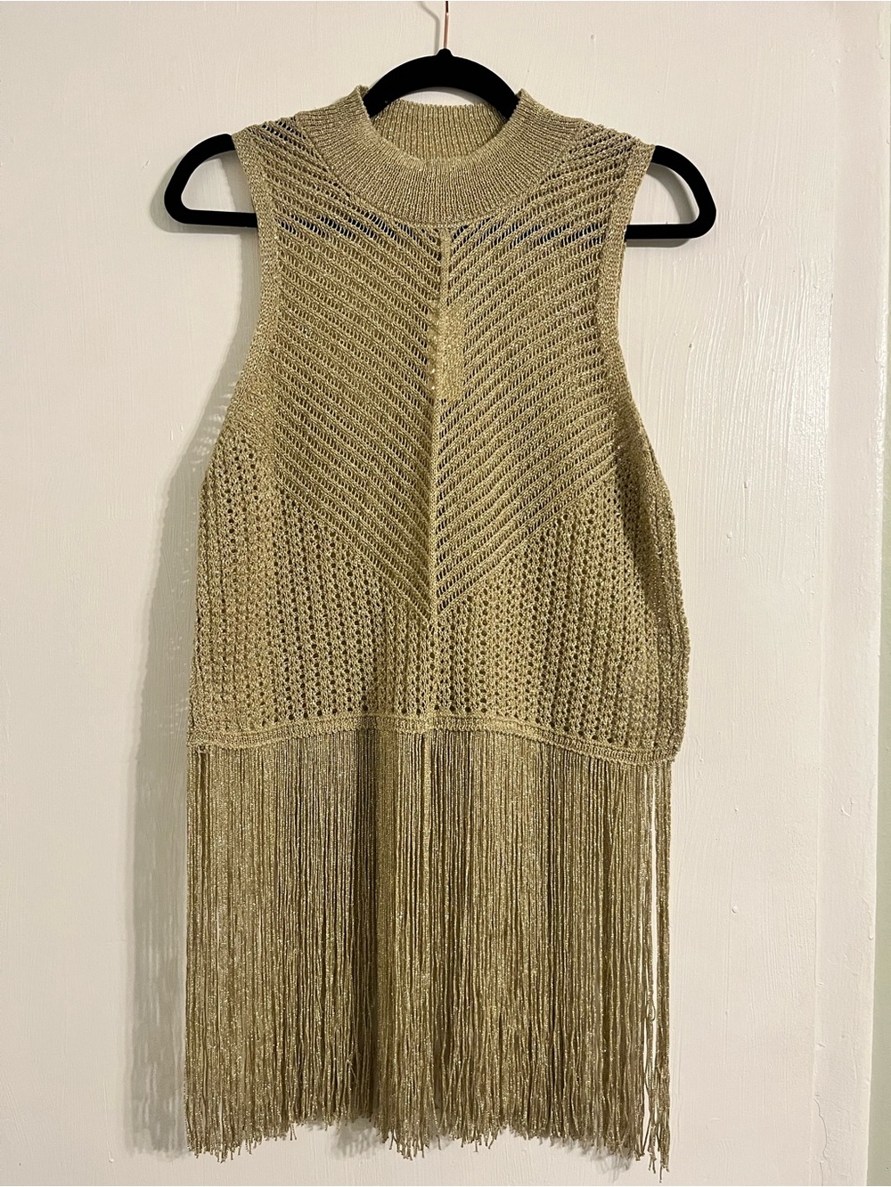 Anthropologie Gold Metallic Open-Knit Fringe Sweater